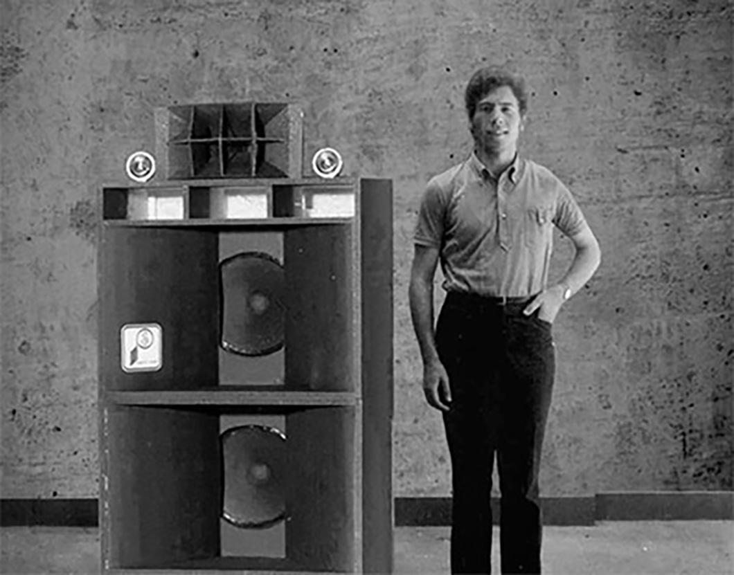 Juan Amate beside an early speaker cabinet, Terrassa, 1972
