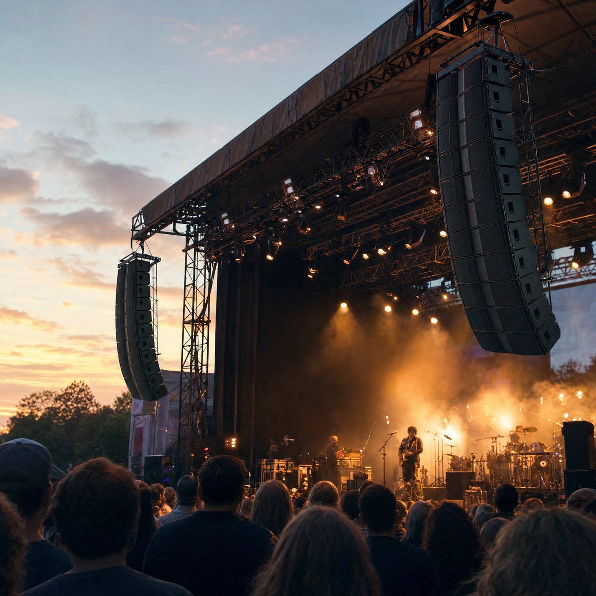 Line arrays flown at an outdoor festival stage