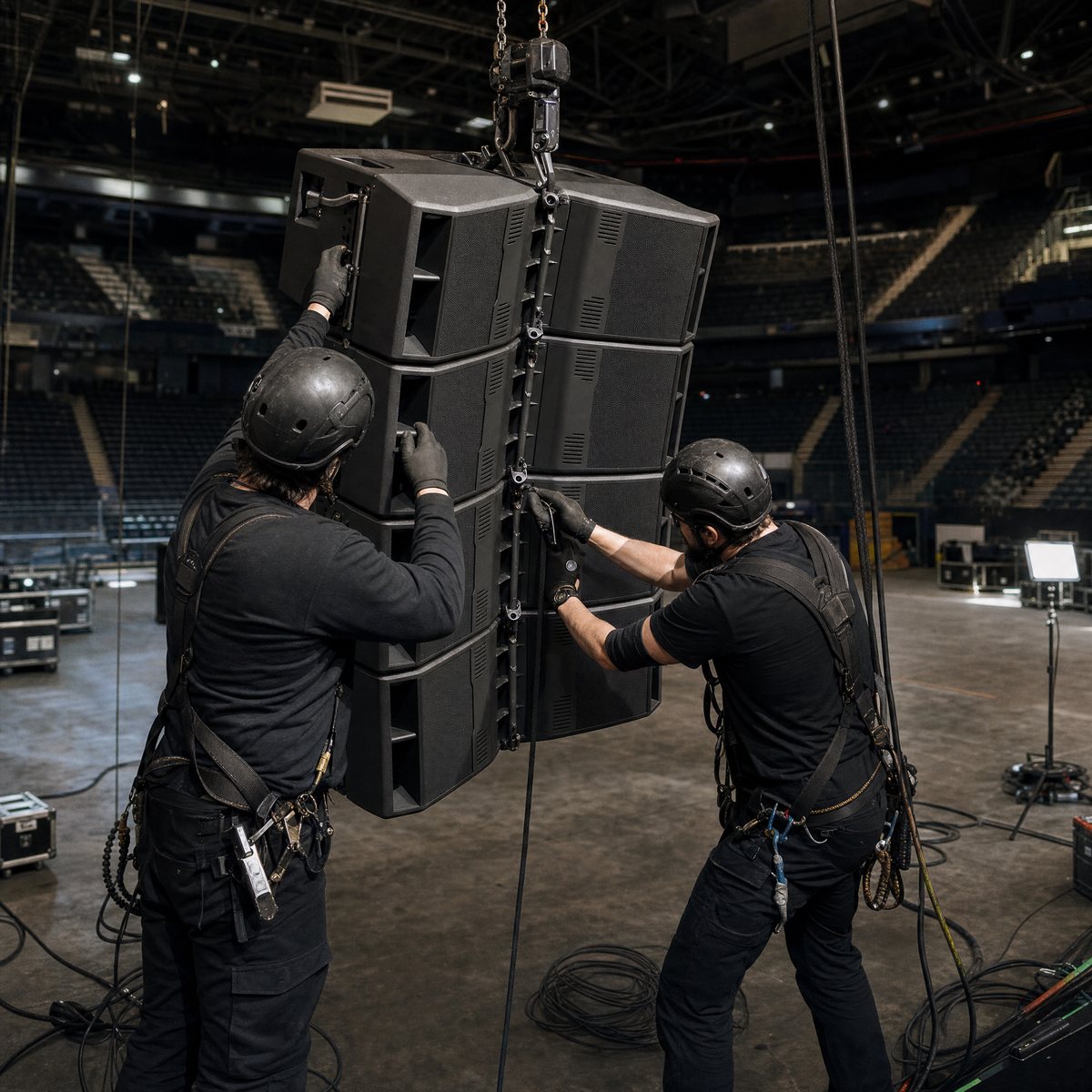 Rigging crew flying a line array during load-in