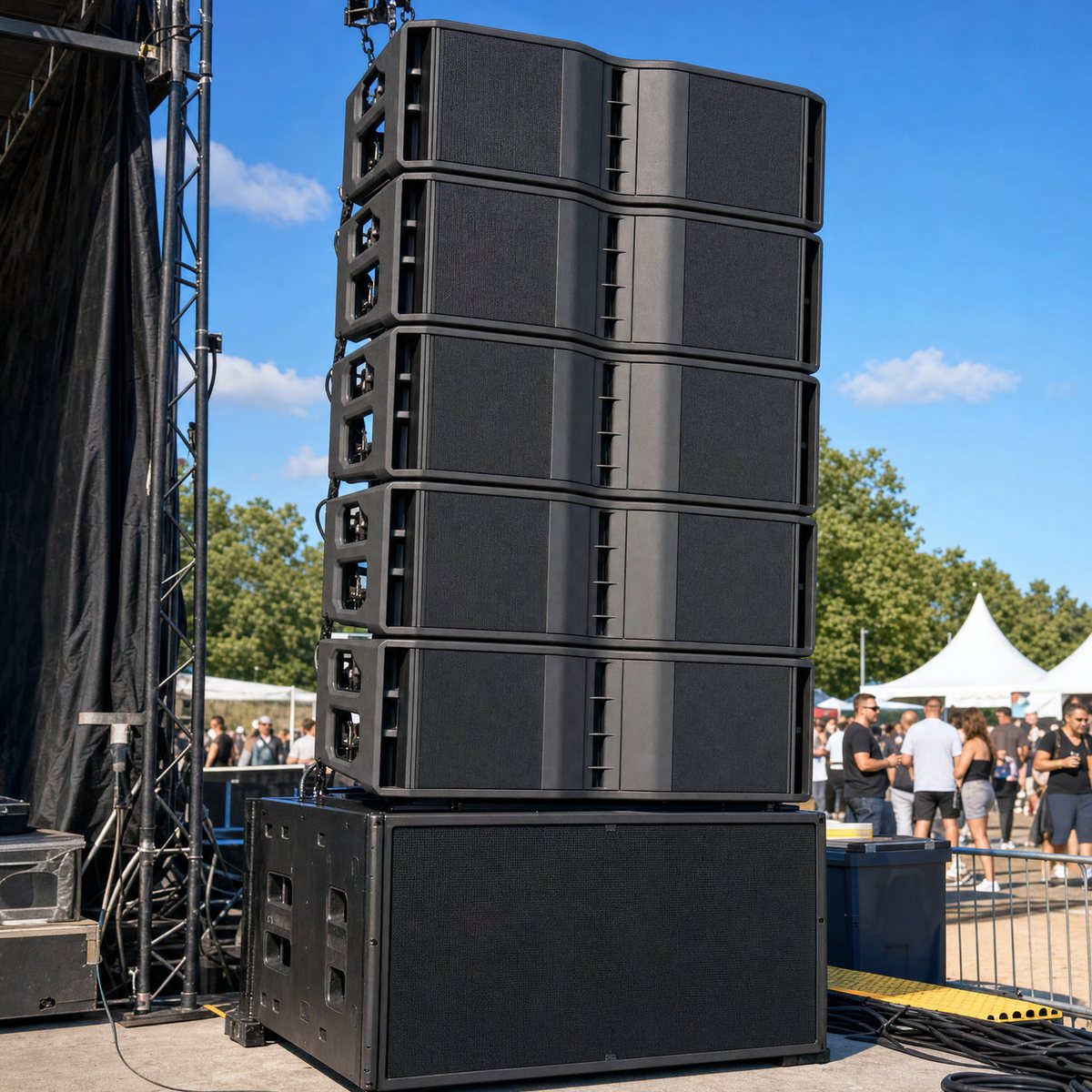 Ground-stacked line array on a subwoofer at an outdoor event
