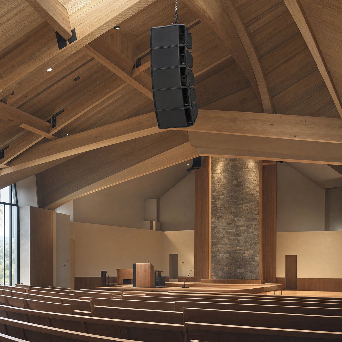 Line array hung in a house of worship