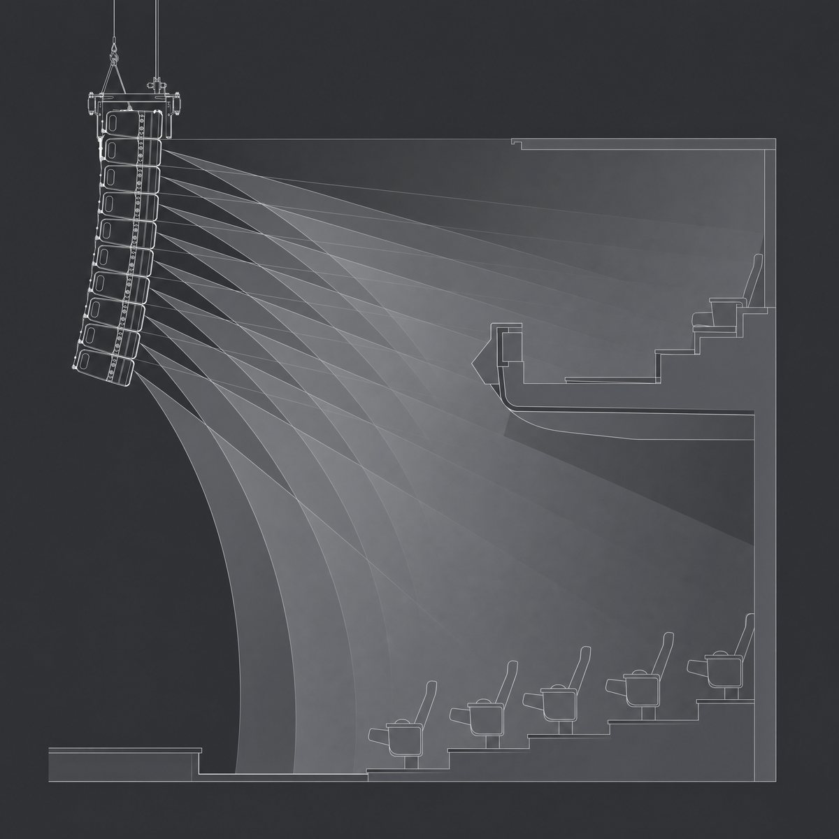 Illustration of line array coverage in a venue cross-section